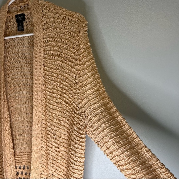 Chicos Sz L Peach Shimmer Boho Longline Fringe Cardigan Open Loose Knit Vacation - Picture 8 of 10